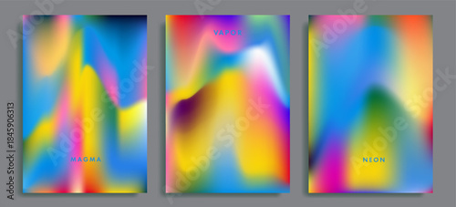 Vibrant abstract vector posters feature soft blurred gradients with fluid, wave-like organic shapes in neon colors of pink, purple, blue, cyan, and yellow. Vaporwave aesthetics, neon gradient design.