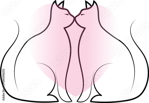  Line illustration of two cats gently touching nose a subtle heart shape.