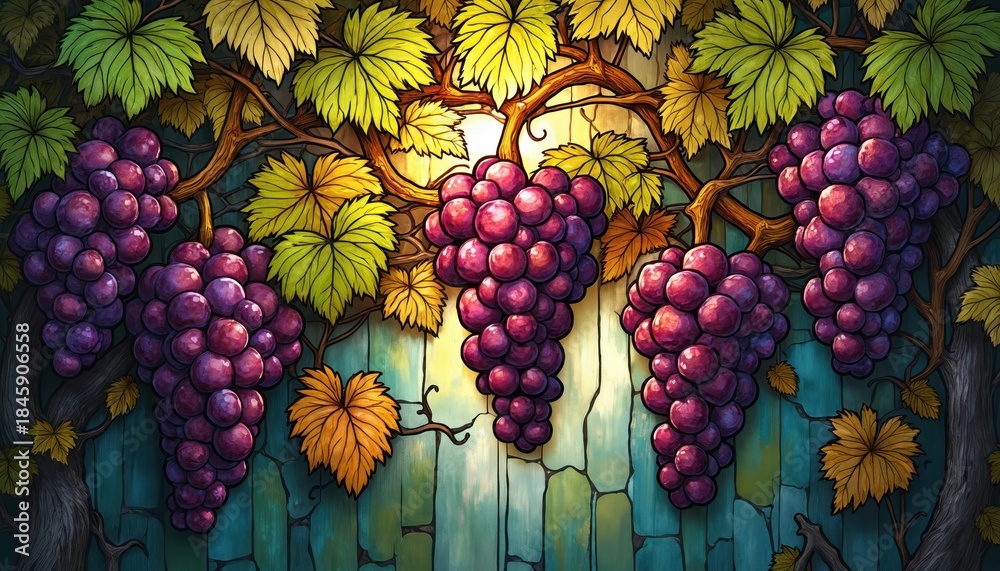Obraz premium Intricate stained glass art shows ripe purple grape bunches hanging from vine branches with green and yellow leaves. Colorful artwork evokes rich harvest and vineyard.