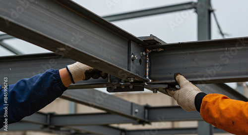 A complex steel beam connection with detailed welds and bolts, showcasing structural integrity. Concept of structural engineering and metal fabrication