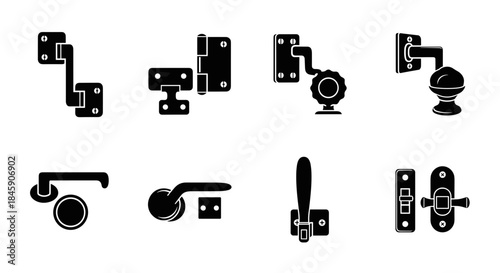 Door hardware icons set with hinges, doorknobs, handles and latches, minimalist style
