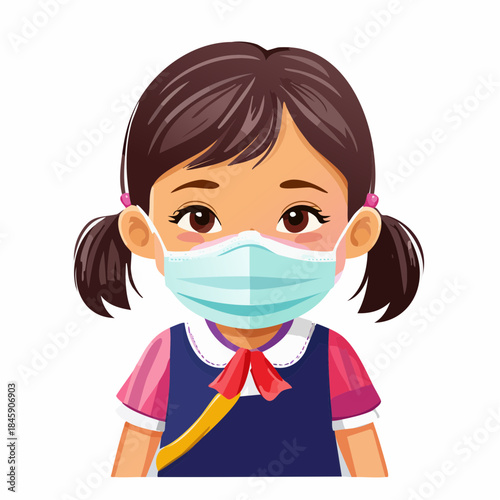 A sick child wearing a protective medical mask looks up at a caring doctor.