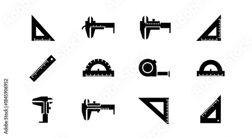 Measuring tool icons set with rulers, calipers, protractors and tape measure, minimalist style
