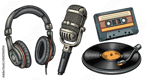 Vintage music listening and recording equipment including record cassette and microphone