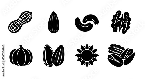 Nut and seed icons set with peanut, almond, cashew, walnut, pumpkin seed, pistachio, sunflower seed and mixed nuts, minimalist style
