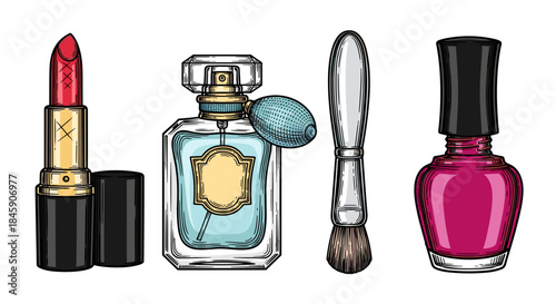 Illustration showcasing beauty products: lipstick perfume makeup brush and nail polish