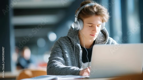 Teenager with headphones uses laptop for online learning in sunlit library, concentrating on digital coursework. Modern education, remote study, youth technology trends are highlighted in this scene
