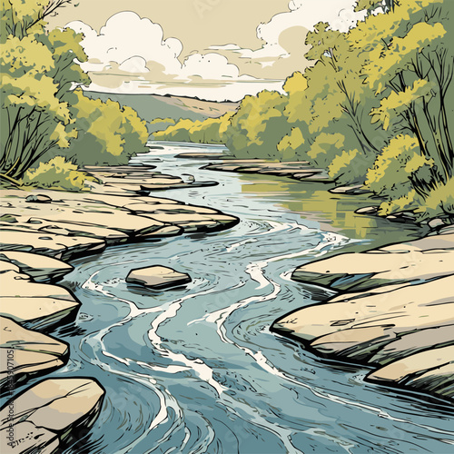 Vector illustration of a river, drawn in a bold American comic style with bold, expressive lines