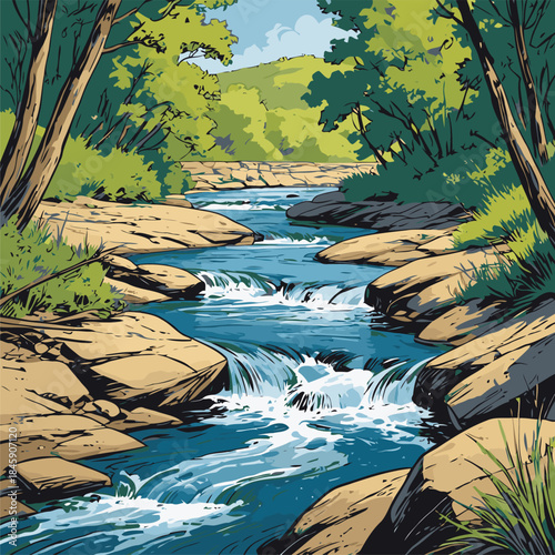 Vector illustration of a river, drawn in a bold American comic style with bold, expressive lines