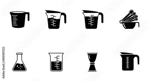 Measuring tools icons set with measuring cups, spoons, beakers and jigger, minimalist style
