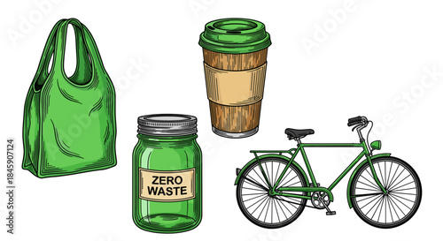 Zero waste lifestyle icons set with reusable bag, coffee cup, glass jar and bicycle, cartoon style
