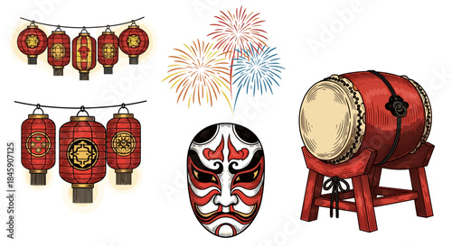 Chinese festival icons set with red lanterns, fireworks, opera mask and taiko drum, cartoon style
