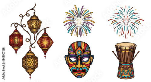Festival icons set with hanging lanterns, fireworks, tribal mask and african drum, cartoon style
