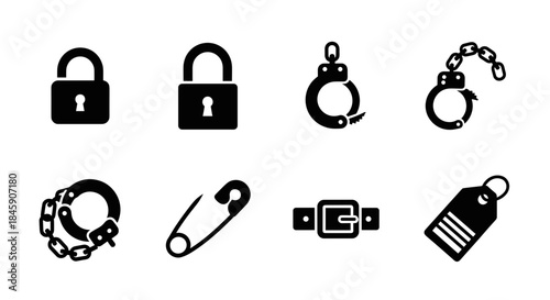 Safety icons showcasing security and protection with padlocks restraints and tag outlines