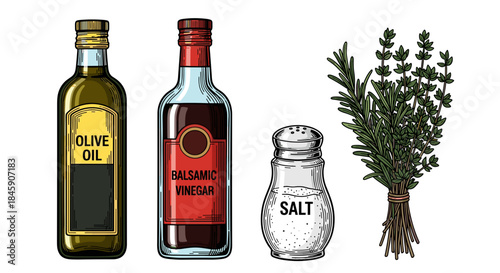 Fresh flavors: Olive oil balsamic vinegar seasoning and herbs for a delightful dish
