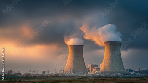 Industrial Power: Dramatic shot of a nuclear power plant, steam rising against a moody sky, symbolizing the complexities of energy production and the impact on our environment.