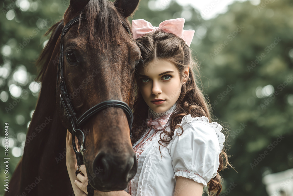 Obraz premium Retrato íntimo que evoca ternura, vínculo emocional y armonía entre la infancia y la naturaleza viva. Niña con vestido blanco y flor rosa apoya la cabeza sobre un caballo marrón en un entorno exterior