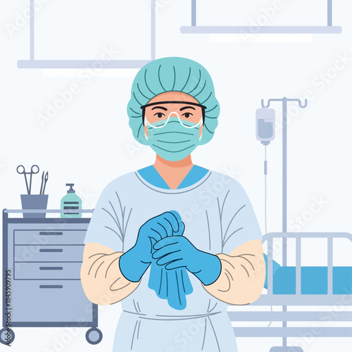 Medical professional in hospital setting preparing for surgery.