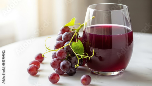 A refreshing glass of purple grape juice served alongside a bunch of fresh red grapes