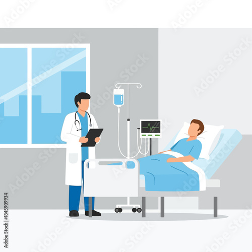 Doctor examining patient in hospital bed with medical equipment nearby.