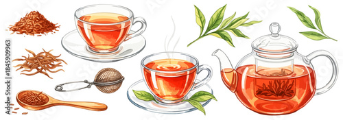 ティータイムアイテムのイラストセット（茶葉・ポット・カップ）,ルイボスティー,ハーブティー,お茶,カフェ,水彩風,リアルイラスト,紅茶