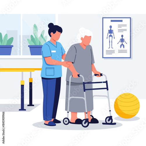 Nurse assisting elderly woman with walker during physical therapy session in rehabilitation center.
