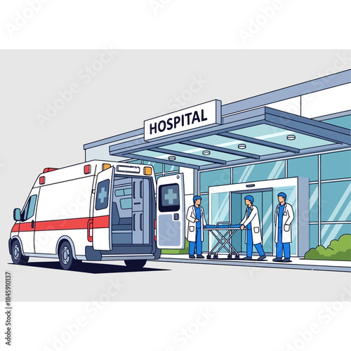 Ambulance arriving at a hospital entrance with medical staff pushing a stretcher.