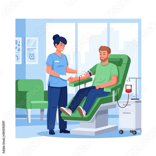 A healthcare professional assisting a man donating blood in a modern medical facility.