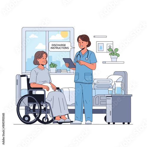 Nurse providing discharge instructions to a female patient in a wheelchair in a bright hospital room.