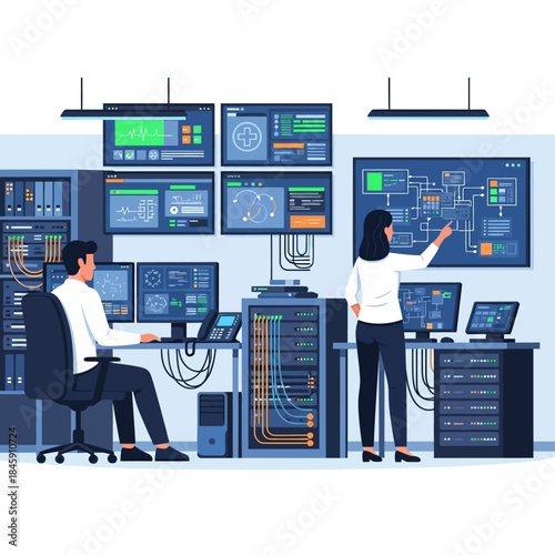 Two IT professionals managing a data center with multiple screens and server racks, overseeing complex systems.