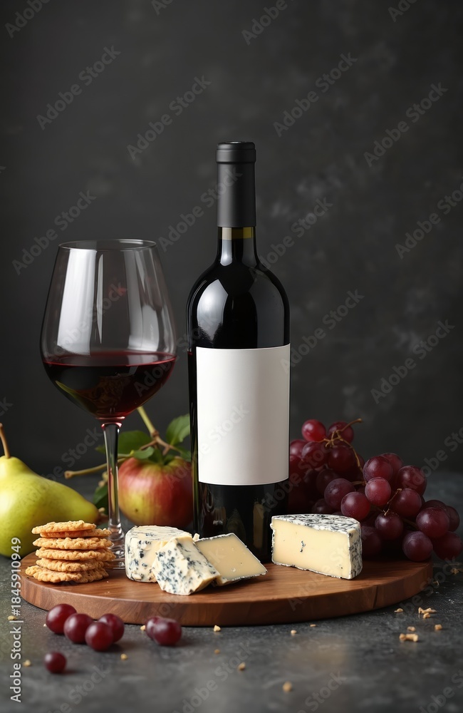 Obraz premium Red wine bottle, full glass, blue cheese, grapes, apple, pear, and crackers arranged on wooden board. Dark background creates elegant atmosphere for beverage advertising and product presentation.