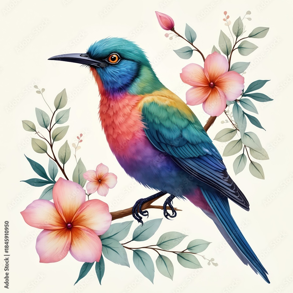 Obraz premium Colorful exotic bird with vibrant plumage sits on a branch surrounded by delicate pink flowers and green leaves. Watercolor style illustration evokes tropical paradise and nature beauty.