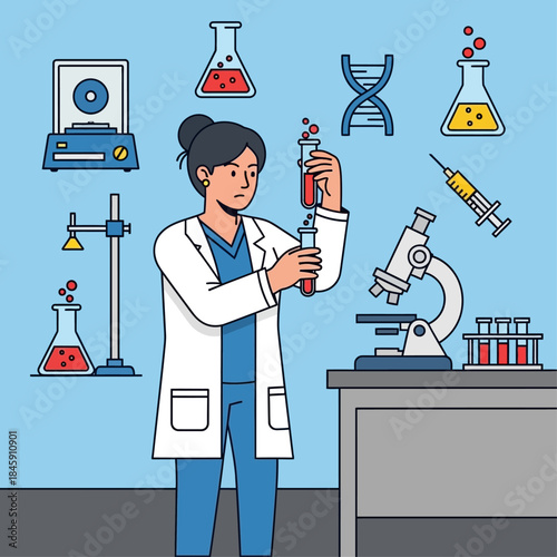 Female scientist conducting experiments in a laboratory with various scientific equipment.