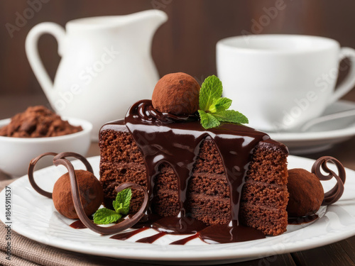 Chocolate cake with truffles and mint