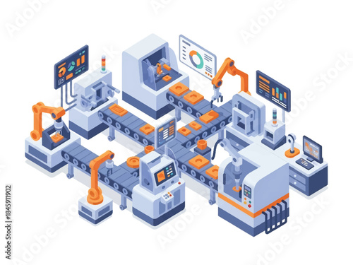 Isometric vector 3D view of a smart factory production line with automated machines and monitoring workers, illustrating Industry 4.0 manufacturing efficiency