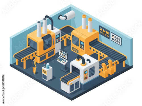 Isometric vector 3D view of a smart factory production line with automated machines and monitoring workers, illustrating Industry 4.0 manufacturing efficiency