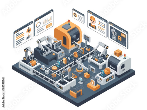 Isometric vector 3D view of a smart factory production line with automated machines and monitoring workers, illustrating Industry 4.0 manufacturing efficiency