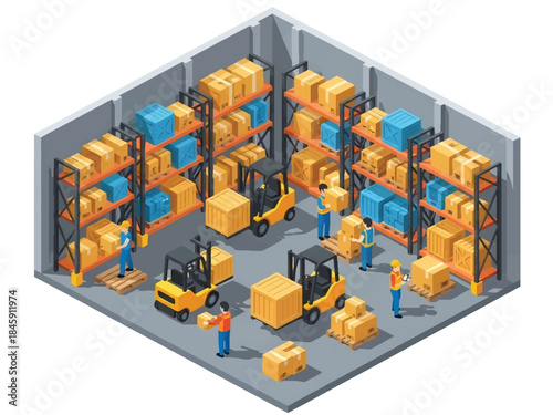 Isometric vector 3D view of an industrial warehouse with forklifts and workers handling boxes, showcasing logistics and supply chain operations