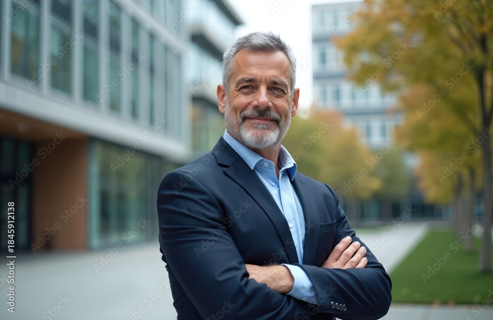 Fototapeta premium Mature businessman with gray hair smiles confidently with arms crossed outdoors. He wears a dark suit and light blue shirt. Modern office buildings are in background.