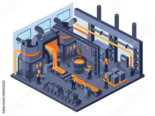 Isometric vector 3D view of a steel factory with furnaces and molten metal, depicting heavy industry manufacturing processes