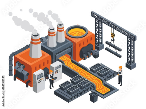 Isometric vector 3D view of a steel factory with furnaces and molten metal, depicting heavy industry manufacturing processes