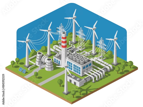 Isometric vector 3D view of an industrial power plant with turbines and control rooms, representing large-scale energy production