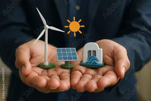 Two hands hold different types of renewable energy such as solar, hydroelectric or wind power. Image generated using AI. 