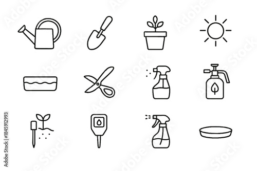 Mister pot icons scoop seedling bottle vector scissors organic care herb meter