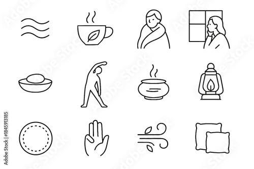 Set carpet mindfulness waves pause gesture breeze herbal vector wrap mindful icon