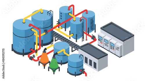 Isometric vector 3D view of a chemical manufacturing plant with tanks and pipes, representing industrial chemistry production processes