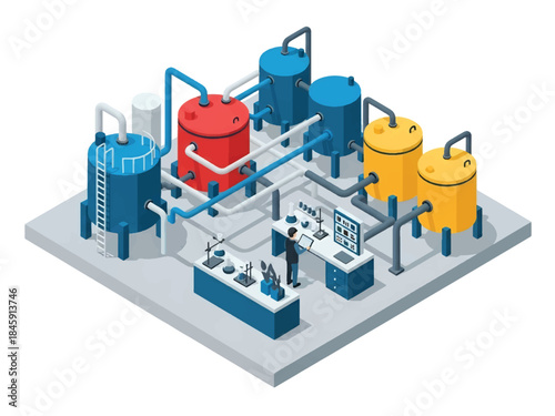Isometric vector 3D view of a chemical manufacturing plant with tanks and pipes, representing industrial chemistry production processes