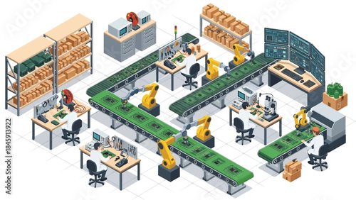 Isometric vector 3D view of an electronics manufacturing plant assembling circuit boards, representing high-tech industrial production