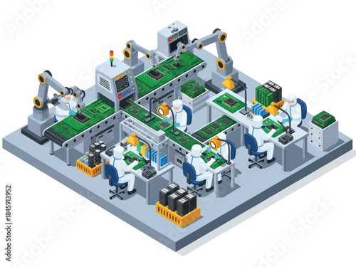 Isometric vector 3D view of an electronics manufacturing plant assembling circuit boards, representing high-tech industrial production