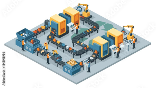Isometric vector 3D view of an industrial recycling facility with machines and workers sorting materials, representing sustainable industry practices